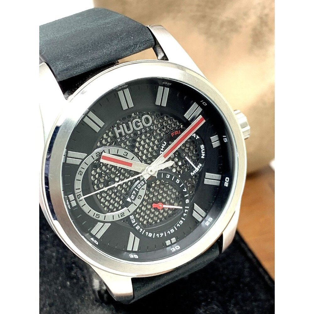 Hugo Boss Men's Watch 1530189 Quartz Silver Black Dial Leather Band 44mm
